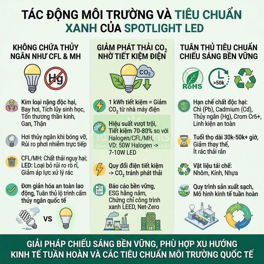 Infographic giới thiệu ưu điểm môi trường và tiêu chuẩn xanh của đèn spotlight LED so với CFL và halogen