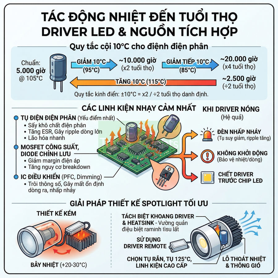 Infographic tác động nhiệt đến tuổi thọ driver LED và nguồn tích hợp, minh họa linh kiện nóng và giải pháp tản nhiệt tối ưu