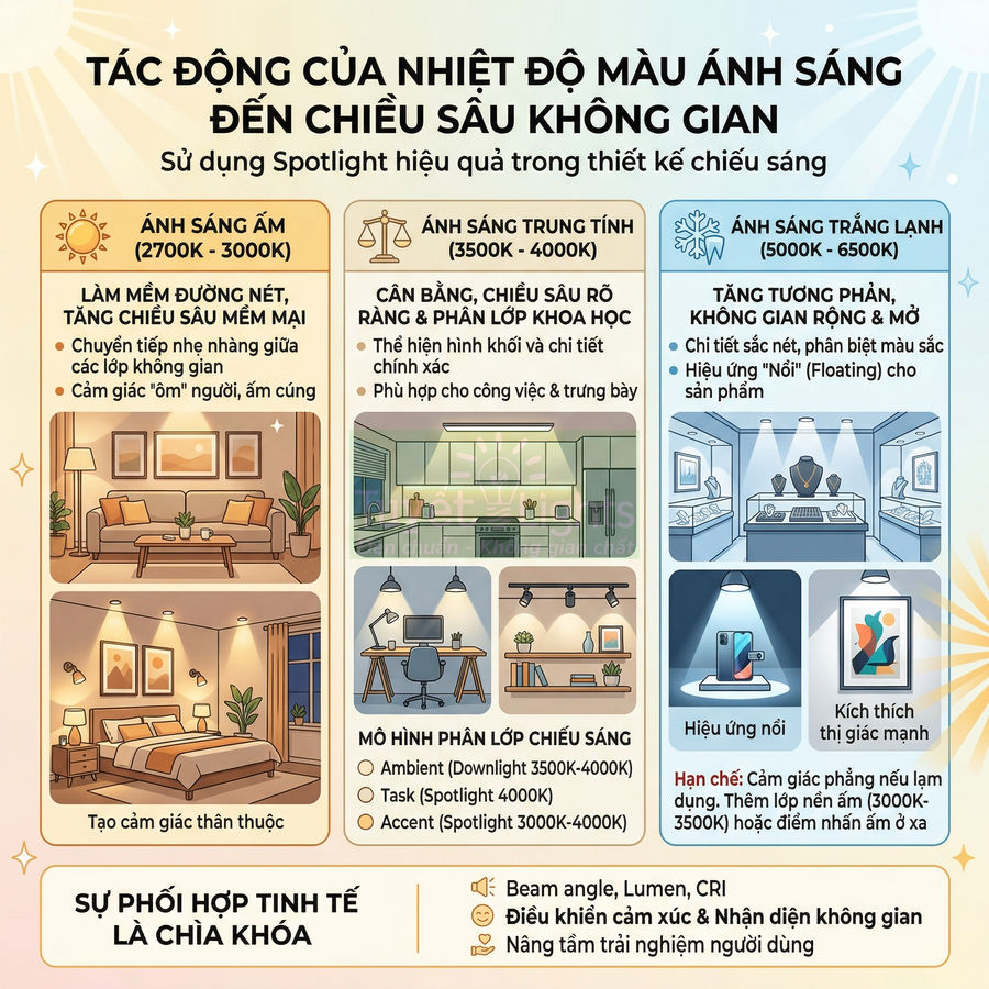 Minh họa tác động nhiệt độ màu ánh sáng ấm, trung tính, trắng lạnh đến chiều sâu không gian và trưng bày sản phẩm