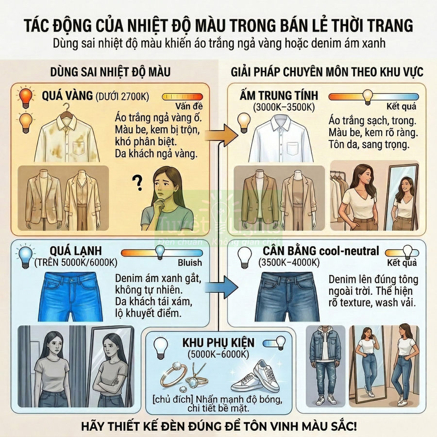 Infographic tác động nhiệt độ màu đèn đến màu sắc quần áo và phụ kiện trong cửa hàng thời trang