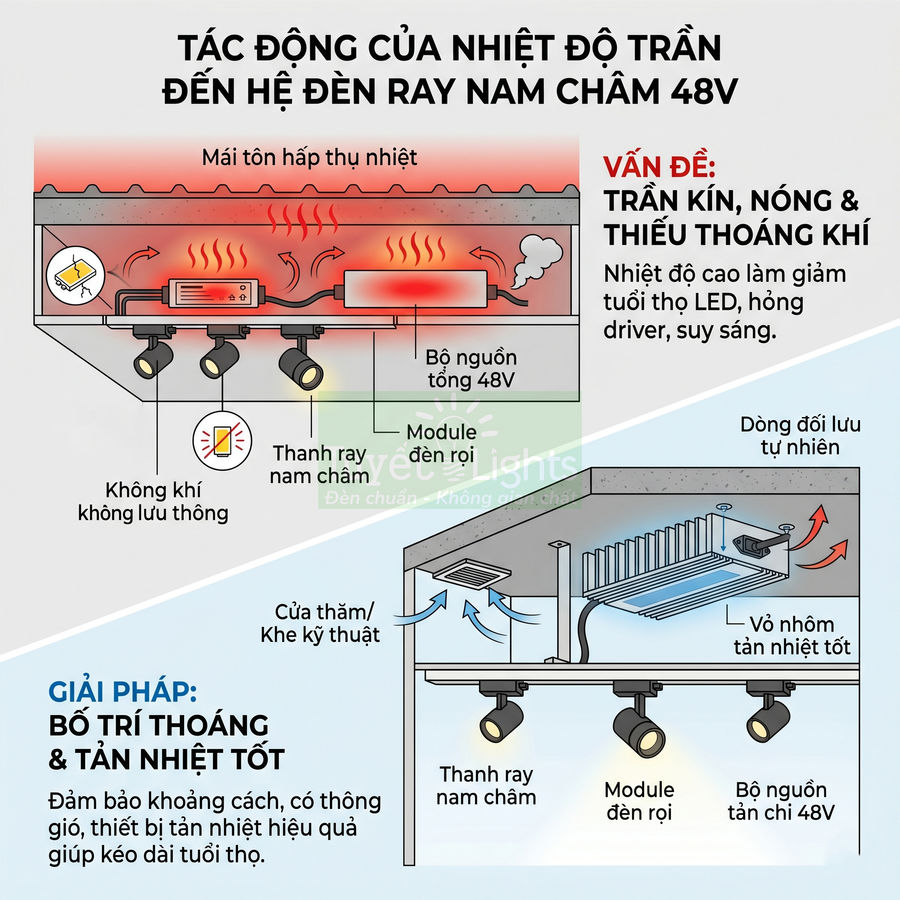 Minh họa tác động nhiệt độ trần lên hệ đèn ray nam châm 48V và giải pháp bố trí thoáng, tản nhiệt tốt