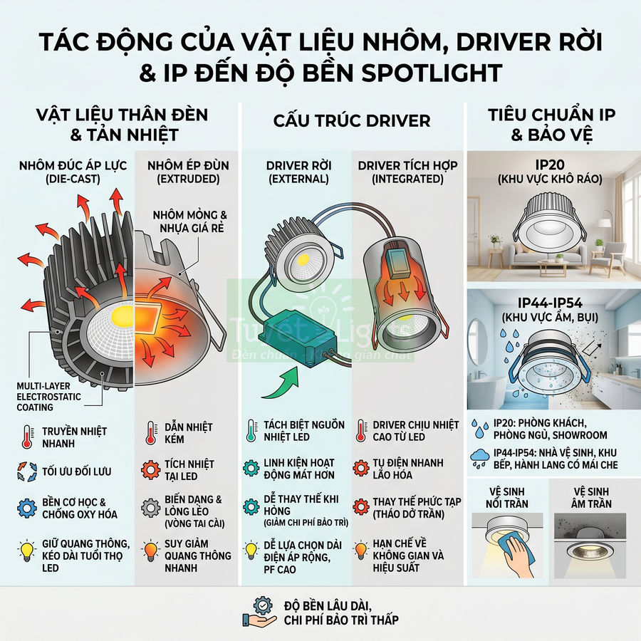 Infographic spotlight LED nêu vật liệu nhôm tản nhiệt, driver rời và tiêu chuẩn IP20 IP44 IP54 cho độ bền và bảo vệ đèn