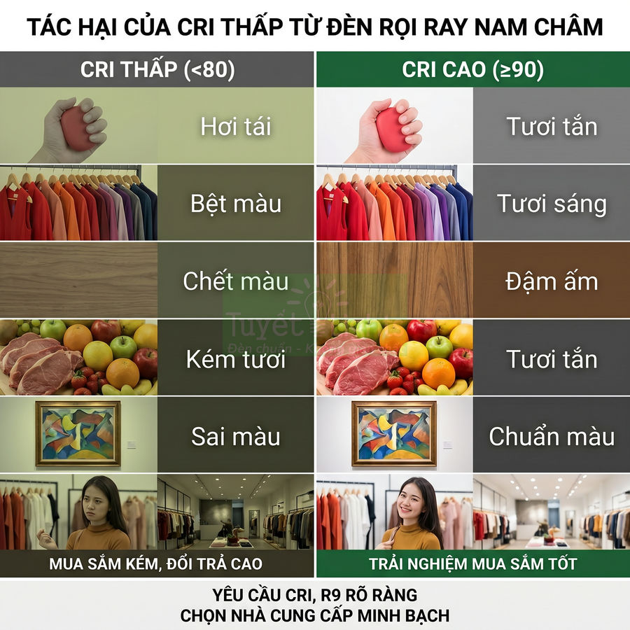 So sánh tác hại CRI thấp và ưu điểm CRI cao của đèn rọi ray nam châm trong chiếu sáng cửa hàng thời trang