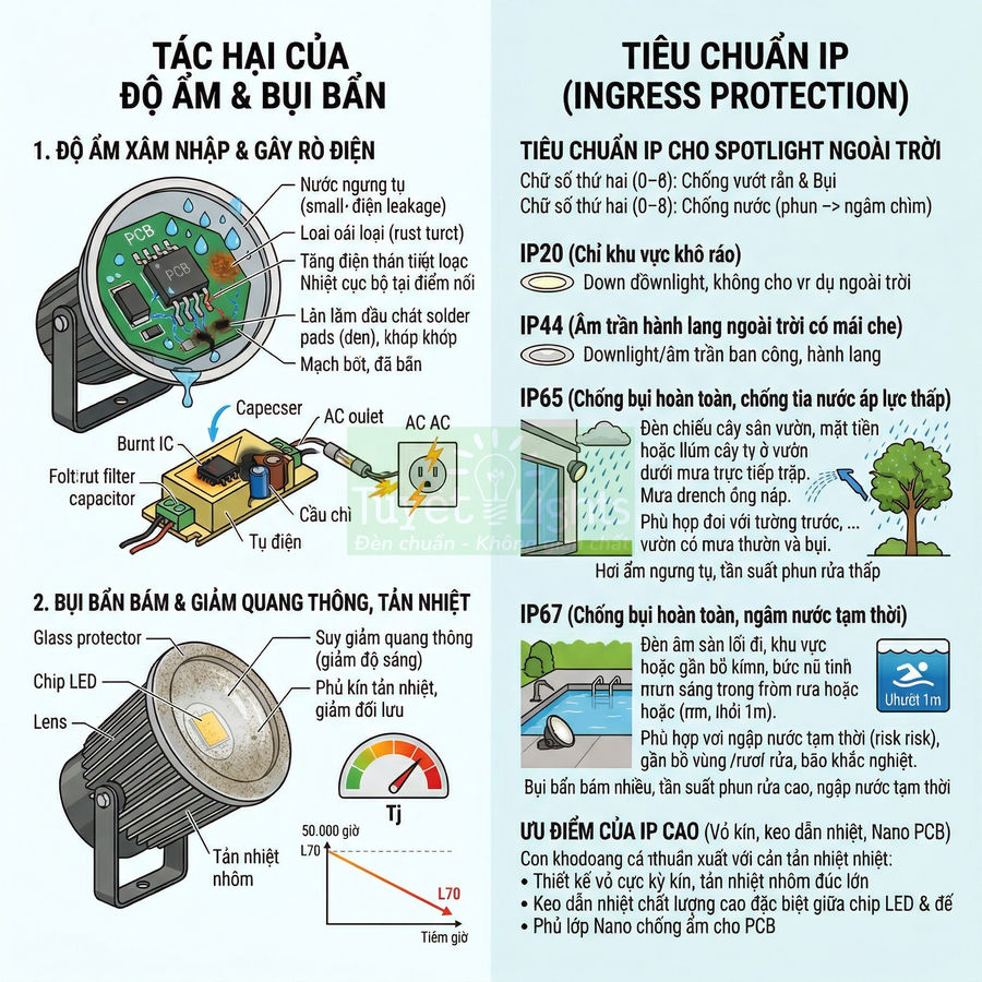 Infographic tác hại độ ẩm bụi bẩn và tiêu chuẩn IP cho đèn LED spotlight ngoài trời