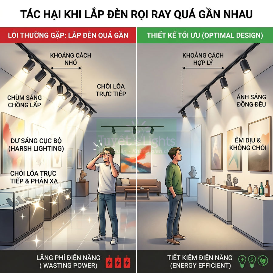 So sánh lắp đèn rọi ray quá gần và khoảng cách hợp lý, minh họa ánh sáng chói lóa và ánh sáng êm dịu tiết kiệm điện