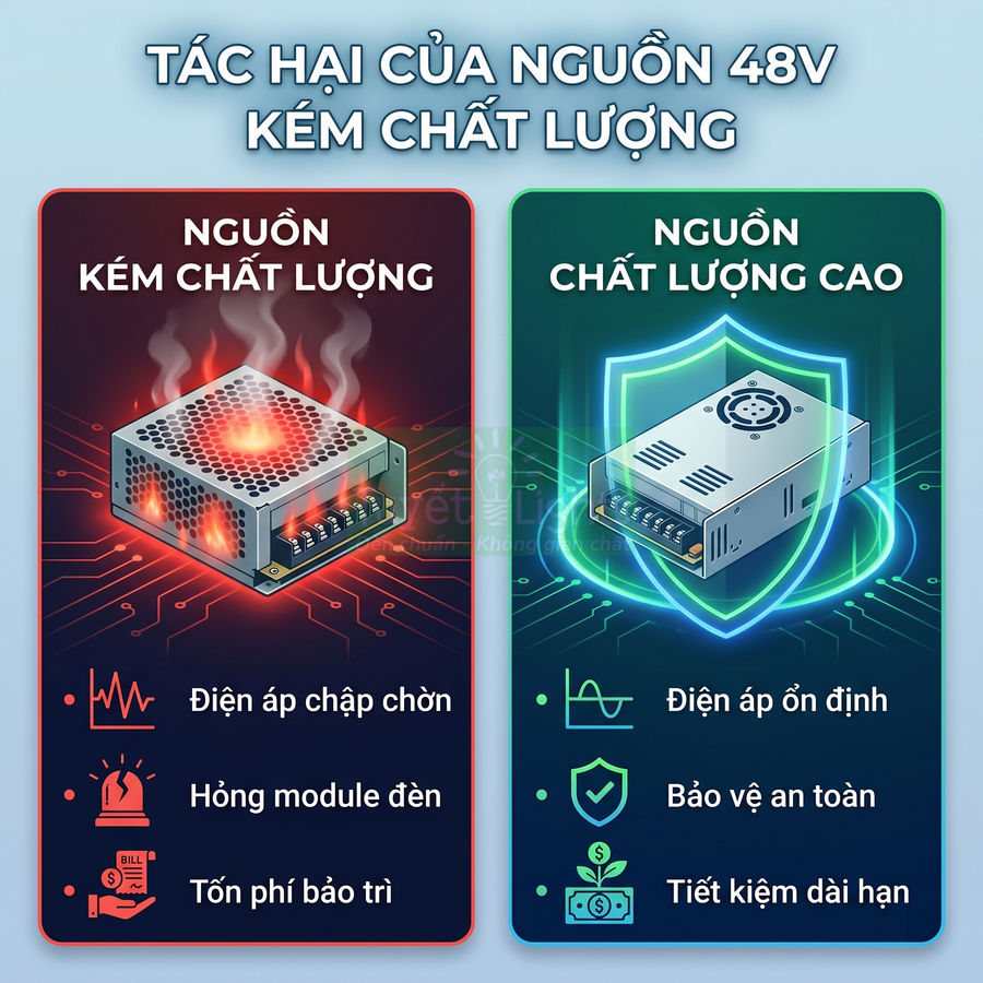 So sánh nguồn tổ ong 48V kém chất lượng bị quá nhiệt với nguồn 48V chất lượng cao ổn định an toàn