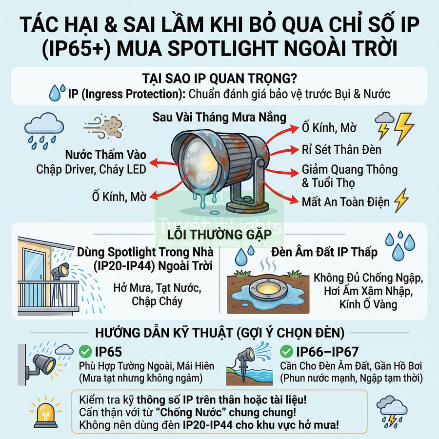 Infographic cảnh báo tác hại dùng đèn spotlight ngoài trời không đạt chuẩn chống nước IP65 trở lên