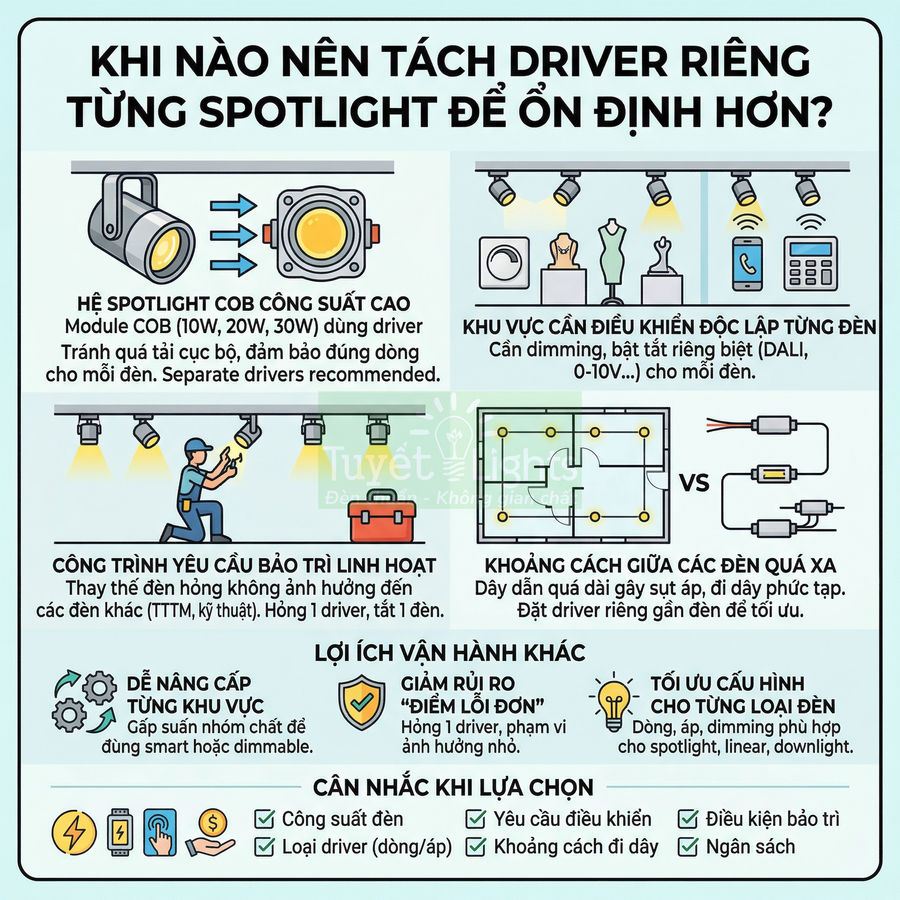 Infographic hướng dẫn tách driver riêng cho từng đèn spotlight COB công suất cao để tăng độ ổn định và linh hoạt lắp đặt