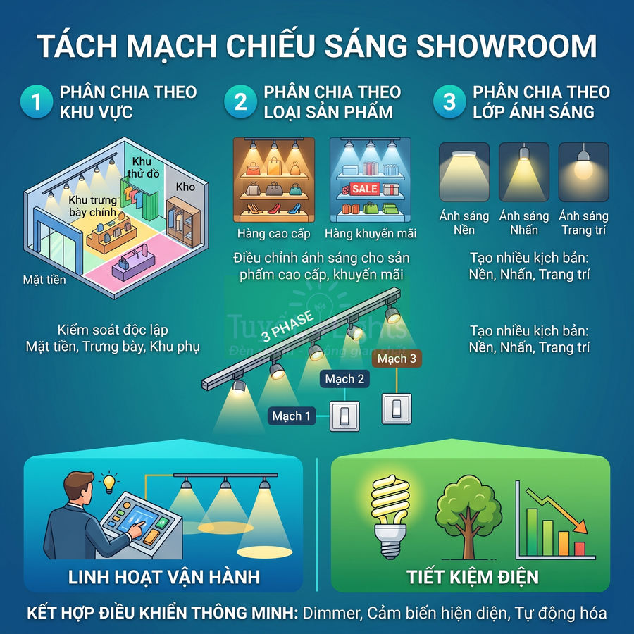Sơ đồ tách mạch chiếu sáng showroom theo khu vực, loại sản phẩm và lớp ánh sáng để linh hoạt vận hành, tiết kiệm điện