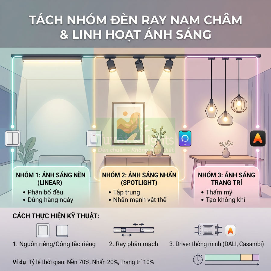 Đèn ray nam châm chia 3 nhóm ánh sáng nền, nhấn và trang trí cho phòng khách hiện đại