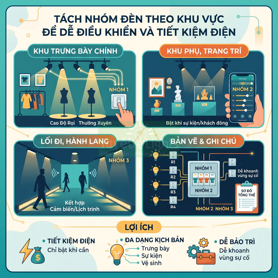 Infographic hướng dẫn tách nhóm đèn chiếu sáng theo khu vực để dễ điều khiển và tiết kiệm điện trong cửa hàng