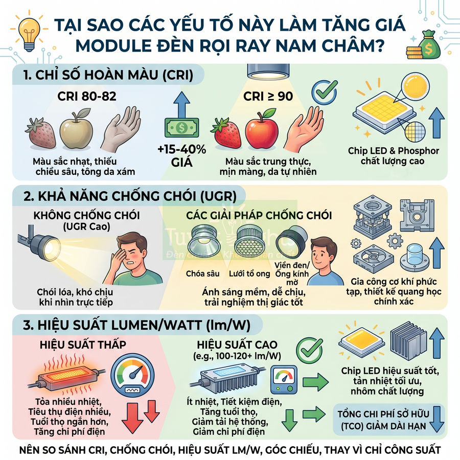 Infographic giải thích các yếu tố tăng giá module đèn rọi ray nam châm như CRI, chống chói và hiệu suất lumen/watt