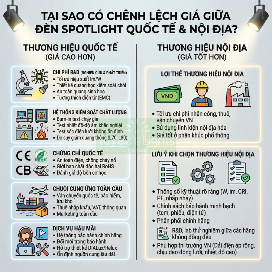 Infographic so sánh giá và ưu nhược điểm đèn spotlight thương hiệu quốc tế và thương hiệu nội địa