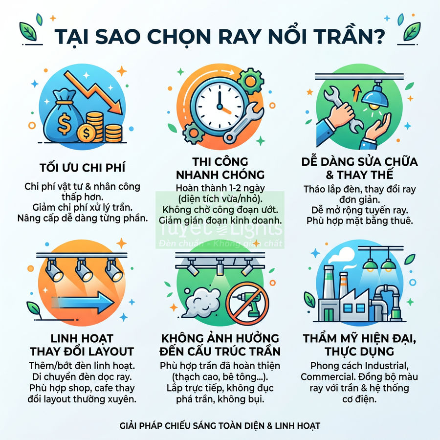 Infographic lợi ích sử dụng ray nổi trần cho hệ thống đèn chiếu sáng hiện đại và linh hoạt