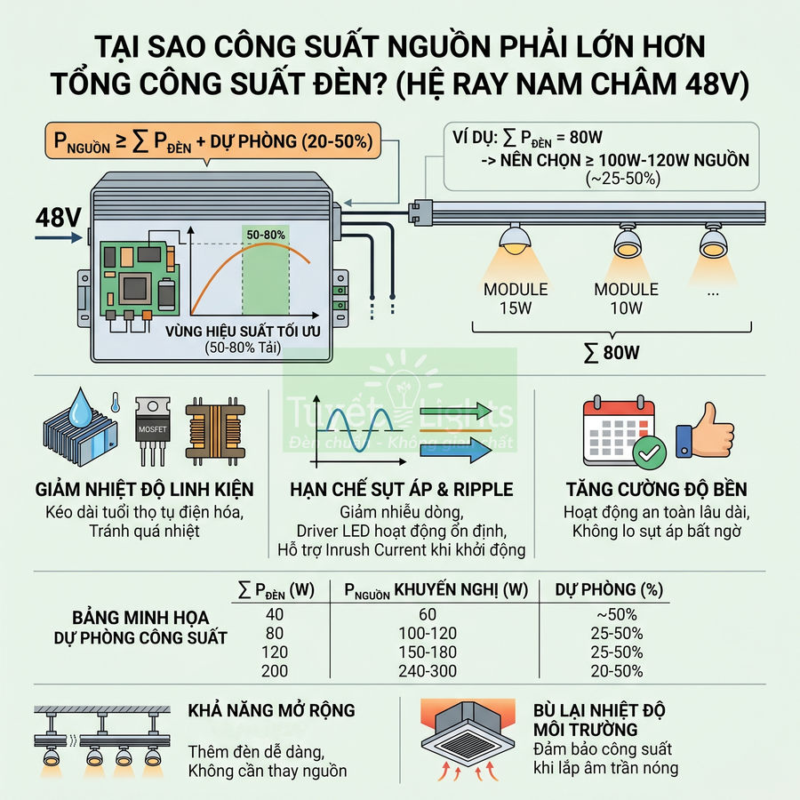 Infographic giải thích lý do chọn nguồn 48V công suất lớn hơn tổng công suất đèn ray nam châm