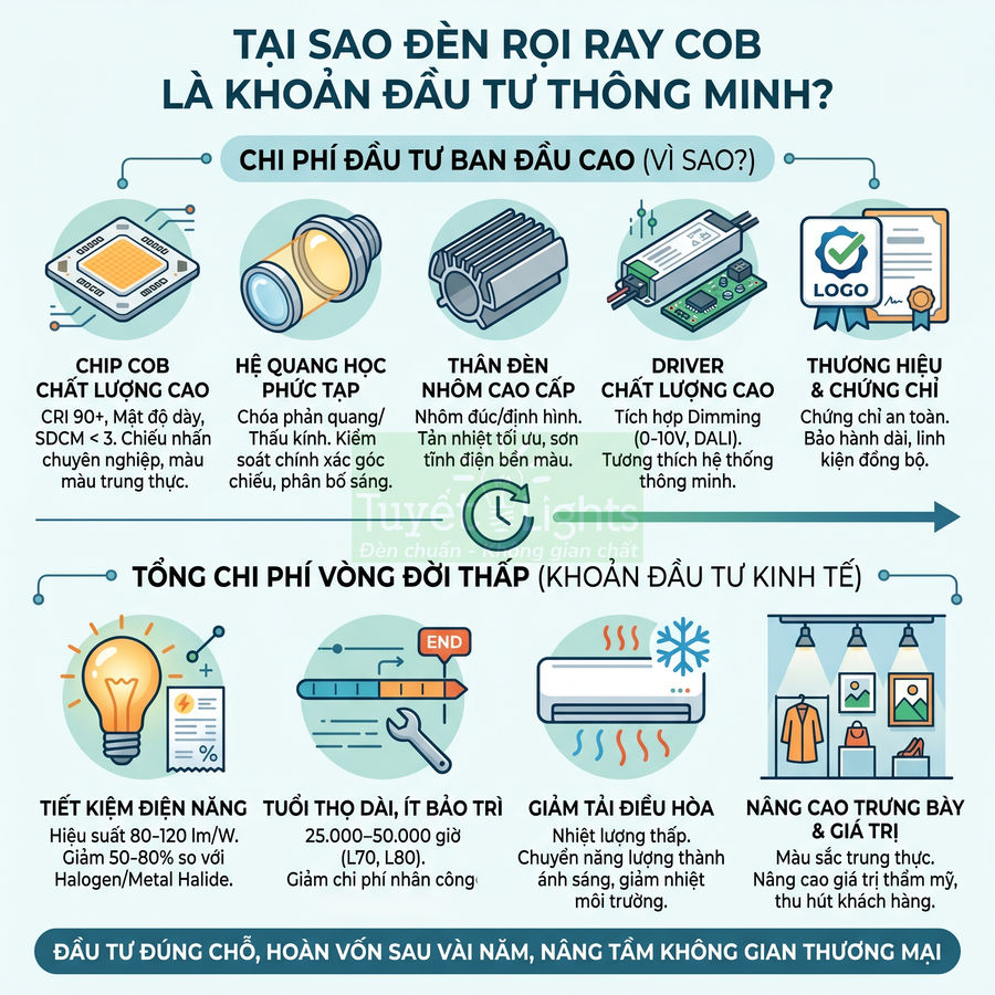 Infographic giới thiệu ưu điểm đèn rọi ray COB chất lượng cao, tiết kiệm điện, tuổi thọ dài và nâng cao giá trị trưng bày