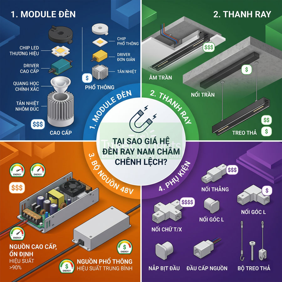 Infographic so sánh module đèn ray nam châm, thanh ray, bộ nguồn 48V và phụ kiện cao cấp với loại phổ thông