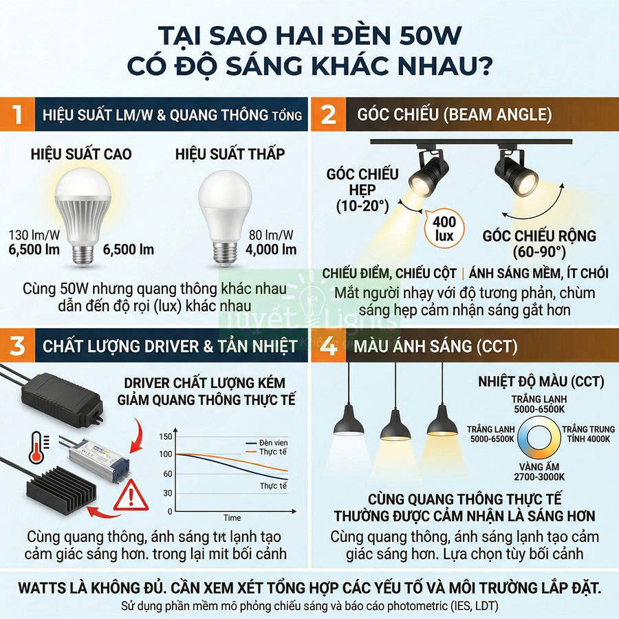 Infographic giải thích lý do hai bóng đèn LED 50W có độ sáng khác nhau dựa trên hiệu suất, góc chiếu, driver và màu ánh sáng