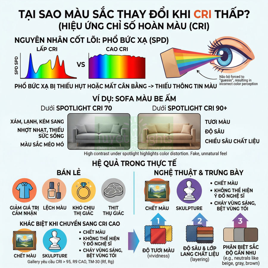 Infographic giải thích chỉ số hoàn màu CRI ảnh hưởng đến màu sắc sản phẩm nội thất và trưng bày dưới ánh sáng khác nhau