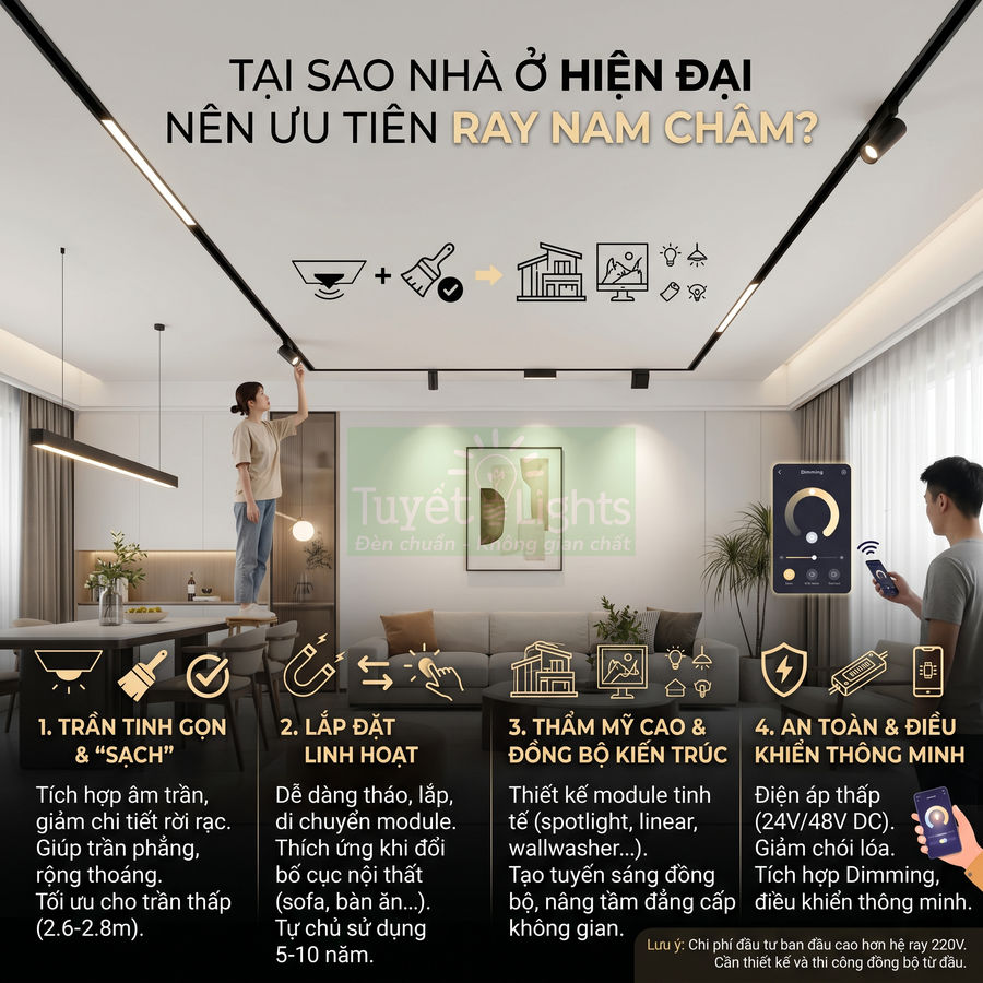 Hệ thống đèn ray nam châm Tuyết Lights lắp trần phòng khách hiện đại, điều khiển thông minh bằng điện thoại