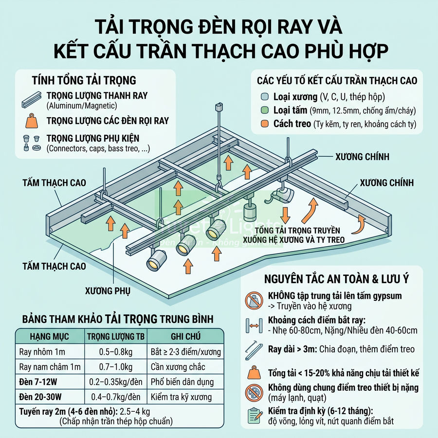 Sơ đồ tải trọng đèn rọi ray và cấu tạo trần thạch cao với thanh ray, xương chính phụ và bảng thông số kỹ thuật