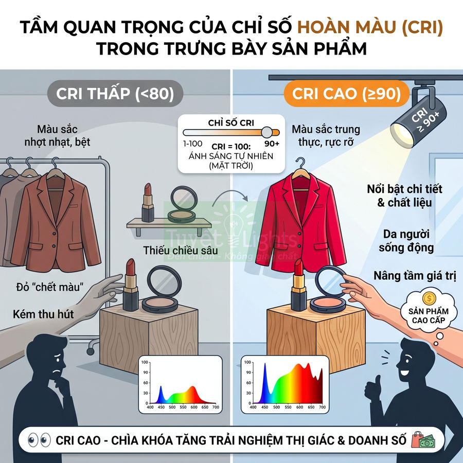 So sánh trưng bày áo khoác và mỹ phẩm dưới ánh sáng CRI thấp và CRI cao trong cửa hàng thời trang