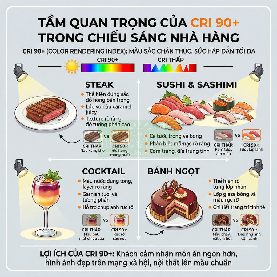 Infographic về tầm quan trọng của chỉ số CRI 90+ trong chiếu sáng nhà hàng cho steak, sushi, cocktail, bánh ngọt