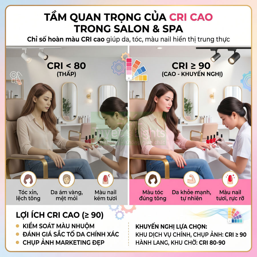 So sánh ánh sáng CRI thấp và CRI cao trong salon nail, thể hiện sự khác biệt màu da, tóc và màu sơn móng tay