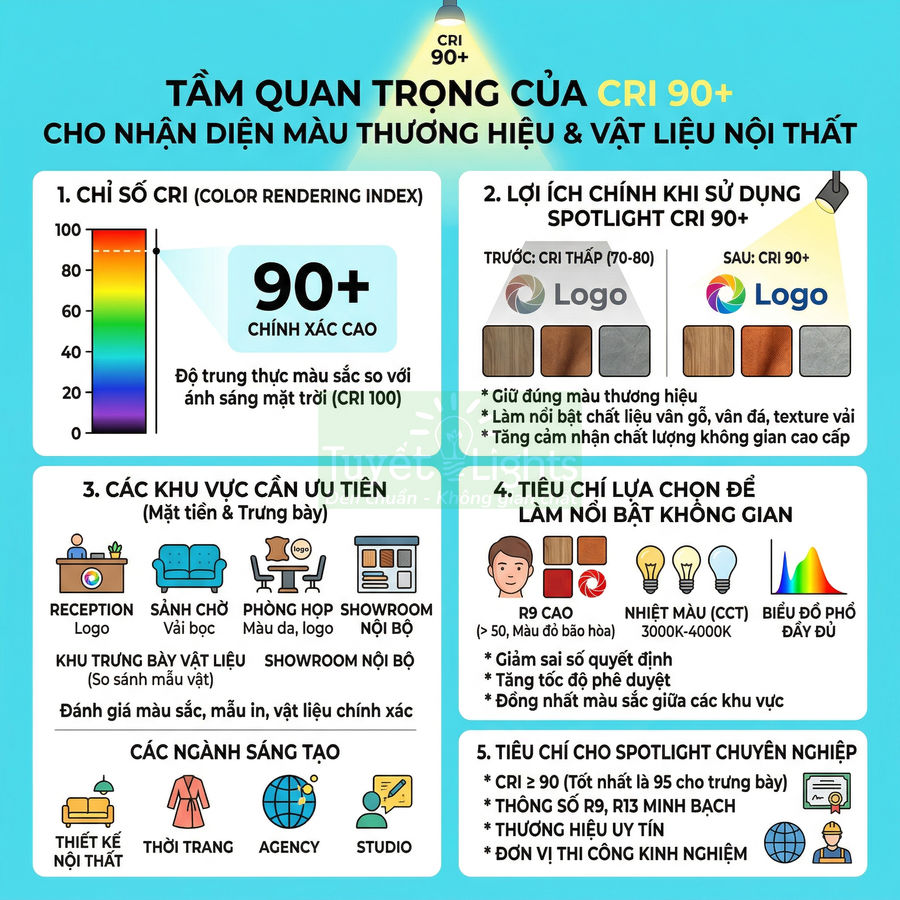Infographic giới thiệu chỉ số CRI 90+ và lợi ích của đèn spotlight CRI cao cho nhận diện màu nội thất