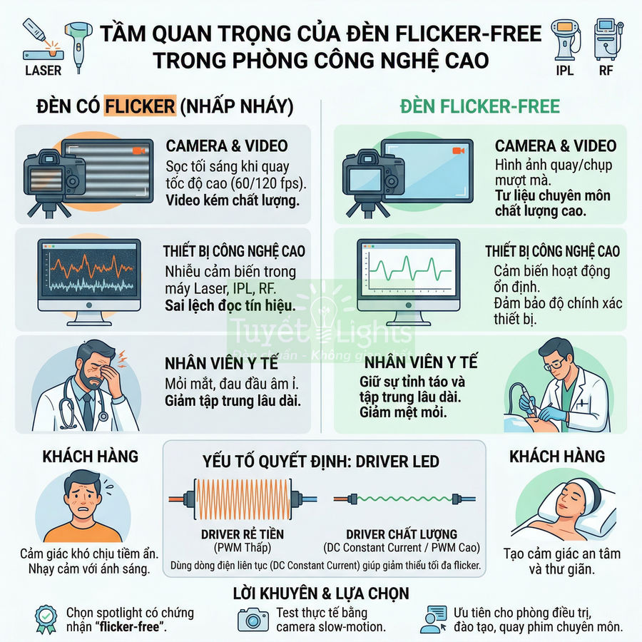 Infographic so sánh đèn flicker free và đèn nhấp nháy trong phòng công nghệ cao của Tuyết Lights