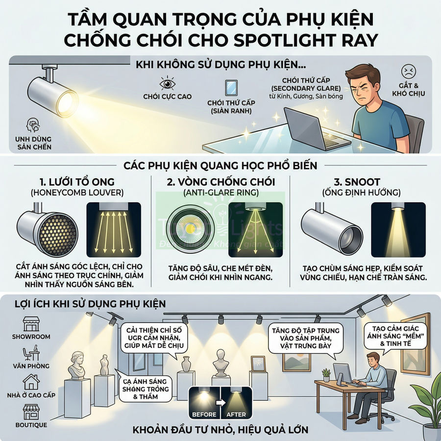 Infographic phụ kiện chống chói cho đèn spotlight ray gồm lưới tổ ong, vòng chống chói và ống định hướng