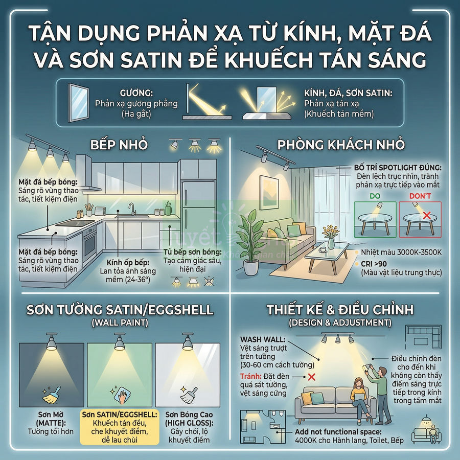 Hướng dẫn tận dụng kính, mặt đá và sơn satin để khuếch tán ánh sáng cho bếp và phòng khách nhỏ