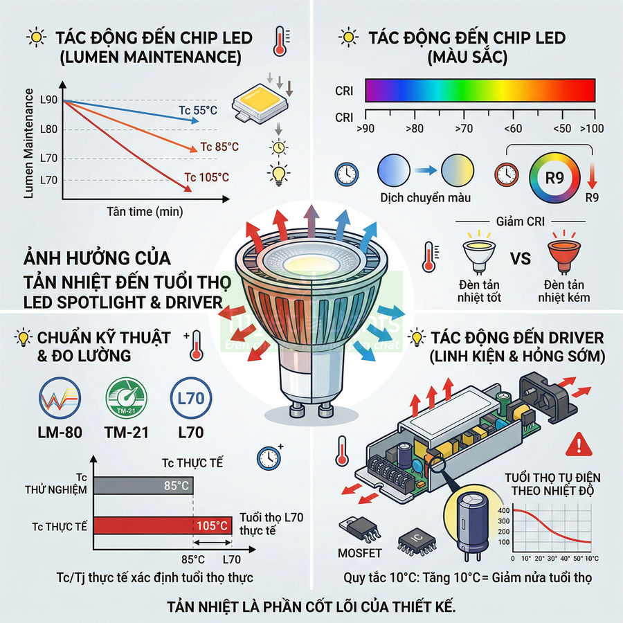Infographic ảnh hưởng tản nhiệt đến tuổi thọ đèn LED spotlight và driver, minh họa chip LED, driver và biểu đồ nhiệt độ