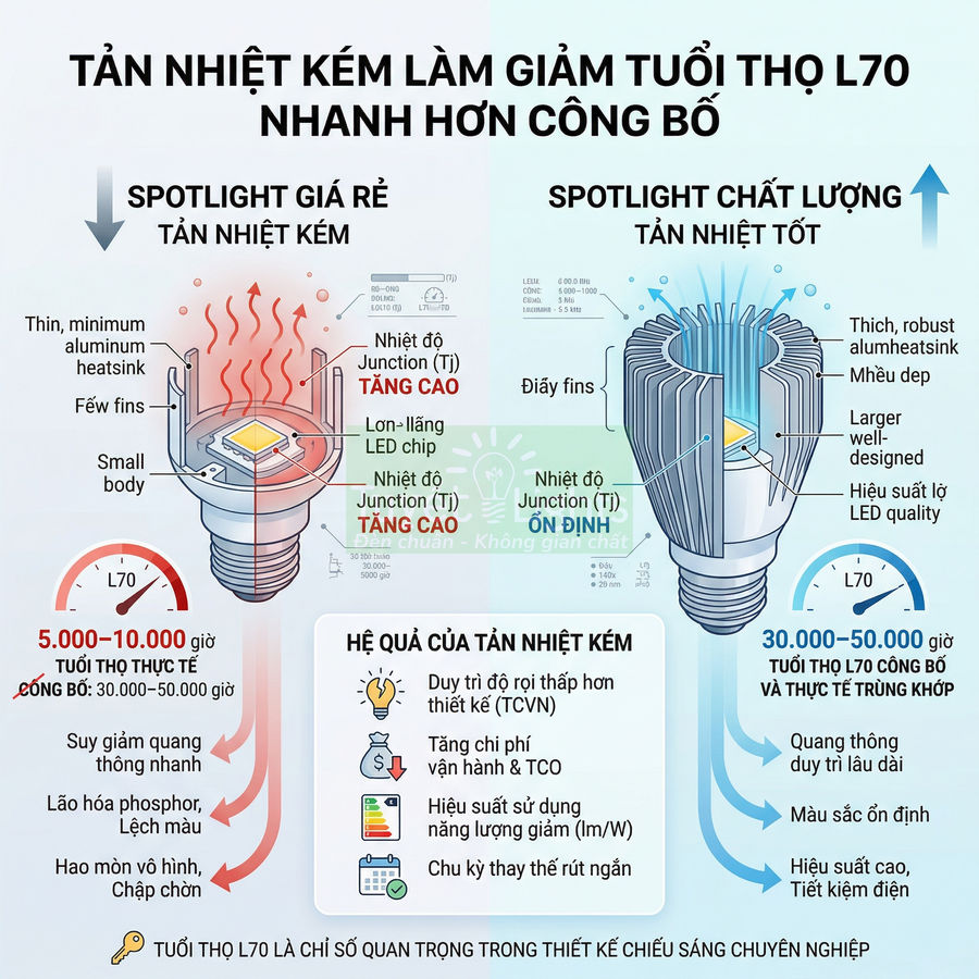 So sánh spotlight LED giá rẻ tản nhiệt kém và spotlight LED chất lượng tản nhiệt tốt, tuổi thọ và hiệu suất khác nhau
