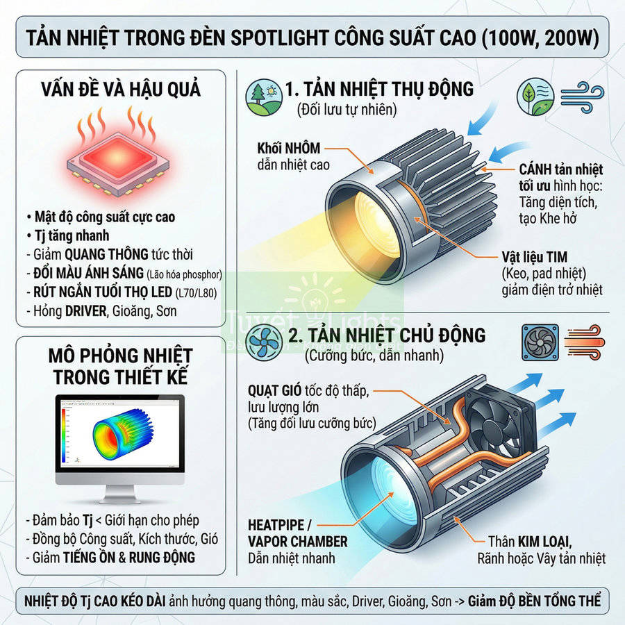 Cấu tạo tản nhiệt chủ động và thụ động cho đèn LED spotlight công suất cao 100W 200W