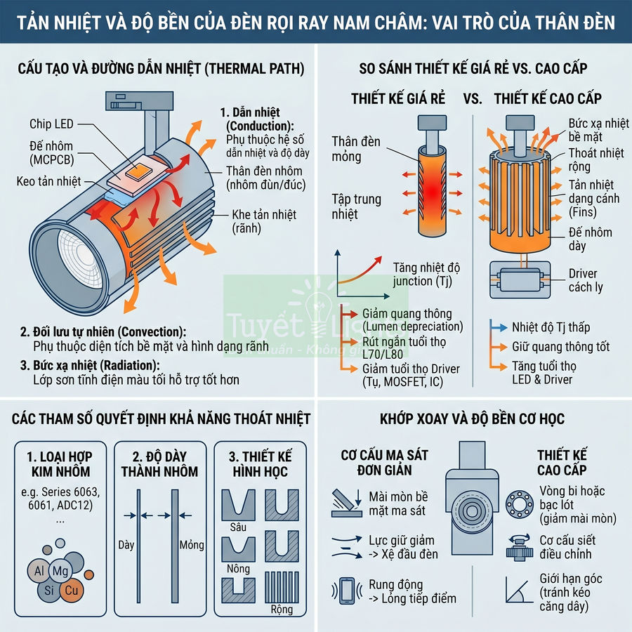Infographic cấu tạo thân đèn rọi ray nam châm và so sánh thiết kế giá rẻ với thiết kế cao cấp