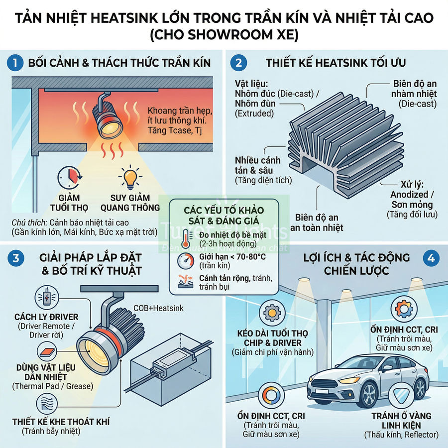 Infographic tản nhiệt heatsink lớn cho đèn LED trần kín trong showroom xe, tối ưu tuổi thọ và hiệu suất chiếu sáng