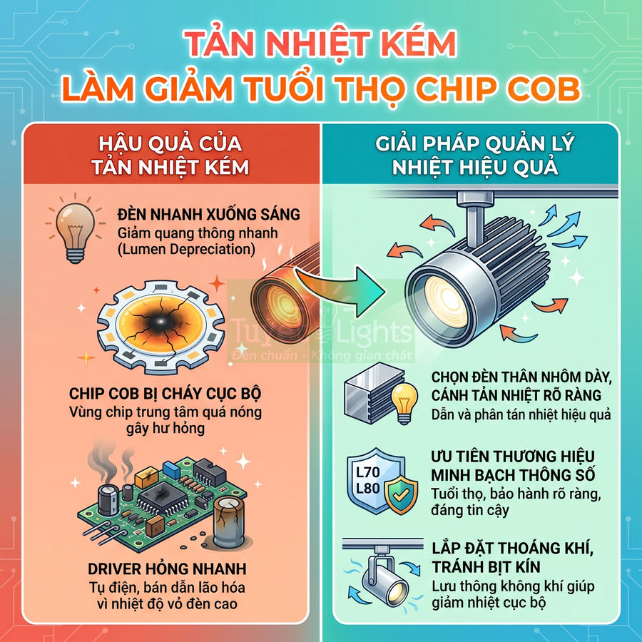 Infographic về hậu quả tản nhiệt kém và giải pháp quản lý nhiệt cho đèn LED chip COB