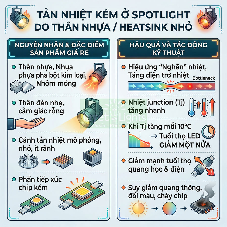 Infographic giải thích nguyên nhân và hậu quả tản nhiệt kém ở đèn LED spotlight thân nhựa hoặc heatsink nhỏ