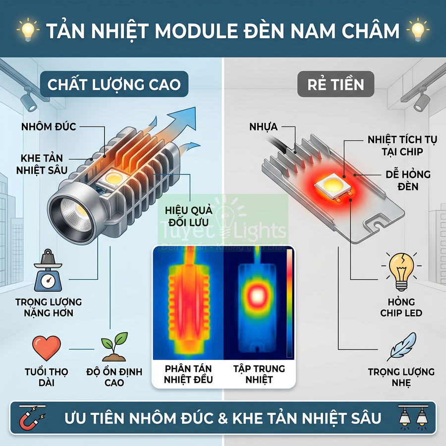 So sánh tản nhiệt module đèn nam châm nhôm đúc khe sâu và loại nhựa giá rẻ dễ hỏng chip LED