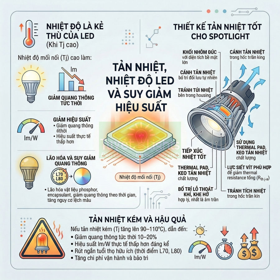 Infographic về tản nhiệt, nhiệt độ LED spotlight và ảnh hưởng đến suy giảm quang thông, hiệu suất và tuổi thọ đèn LED