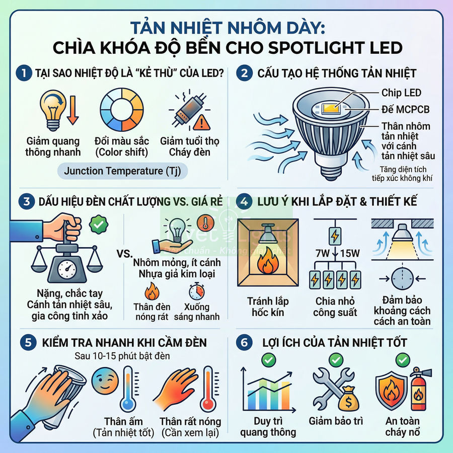 Infographic hướng dẫn chọn và lắp đặt đèn spotlight LED tản nhiệt nhôm dày, nhấn mạnh độ bền và an toàn khi sử dụng