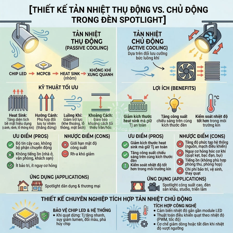 Infographic so sánh tản nhiệt thụ động và chủ động trong thiết kế đèn spotlight LED, ưu nhược điểm và ứng dụng
