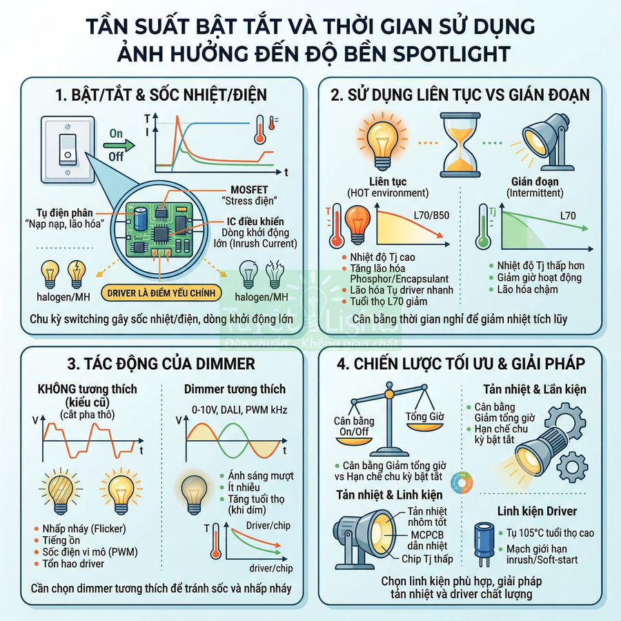 Infographic giải thích tần suất bật tắt và thời gian sử dụng ảnh hưởng đến độ bền đèn spotlight LED