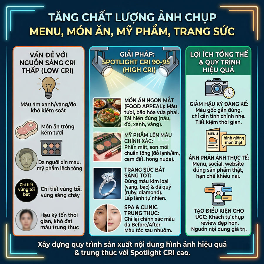 Infographic giới thiệu lợi ích đèn spotlight CRI cao giúp chụp ảnh menu, món ăn, mỹ phẩm, trang sức trung thực hơn