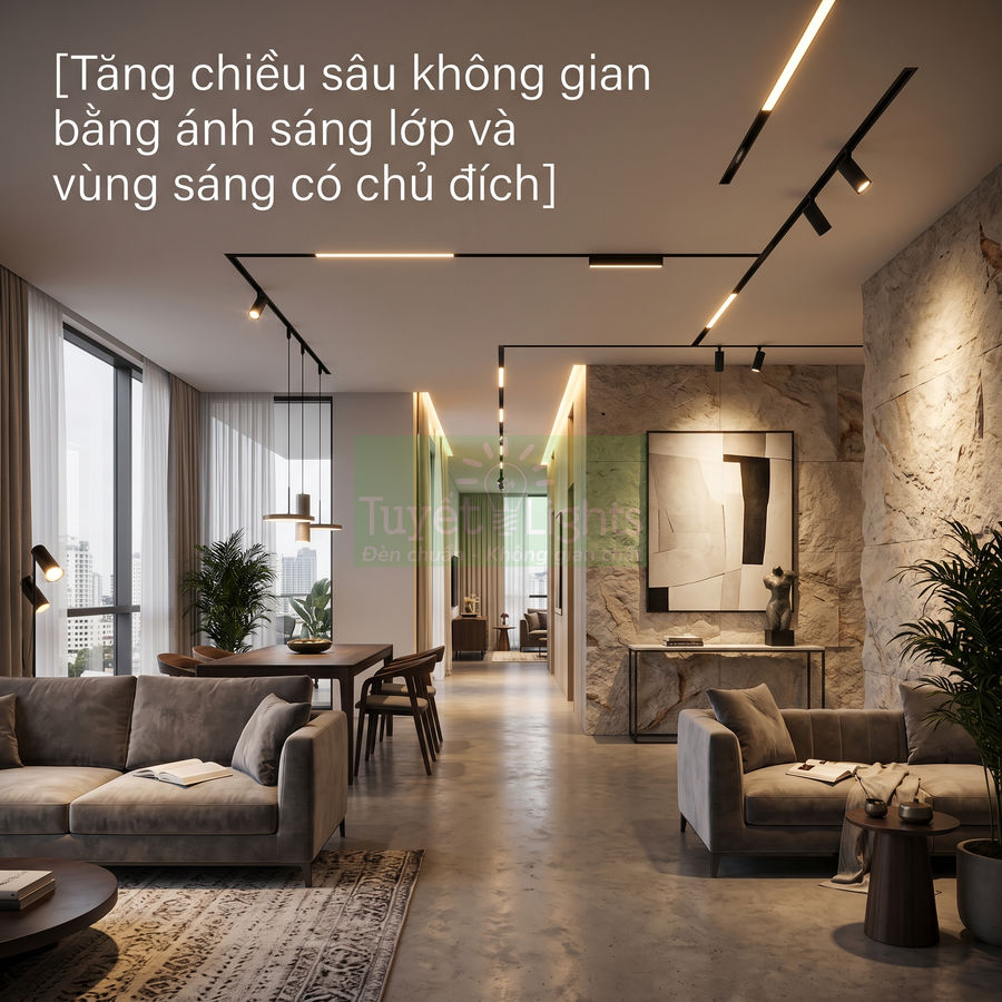 Phòng khách hiện đại với hệ thống đèn trần ray và đèn thả tạo lớp ánh sáng tăng chiều sâu không gian