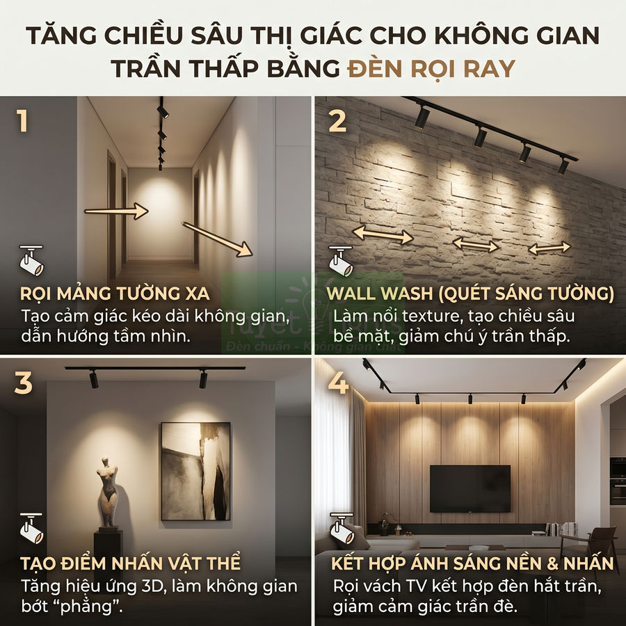 Ứng dụng đèn rọi ray chiếu tường và vật thể tạo chiều sâu, điểm nhấn cho phòng khách và hành lang trần thấp