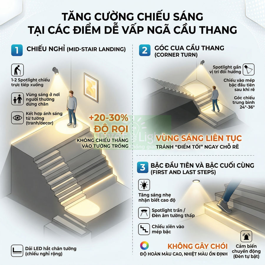 Minh họa giải pháp lắp đèn LED và spotlight tăng cường chiếu sáng an toàn cho các bậc và chiếu nghỉ cầu thang