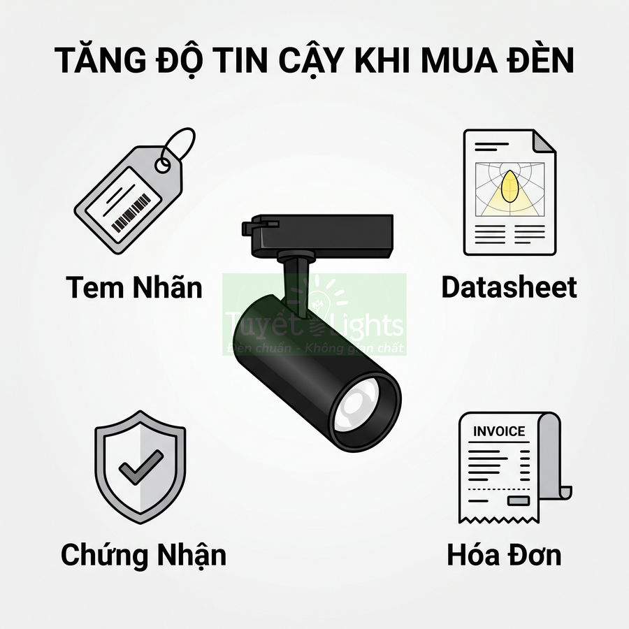 Đèn rọi ray màu đen cùng tem nhãn datasheet chứng nhận và hóa đơn tăng độ tin cậy khi mua đèn