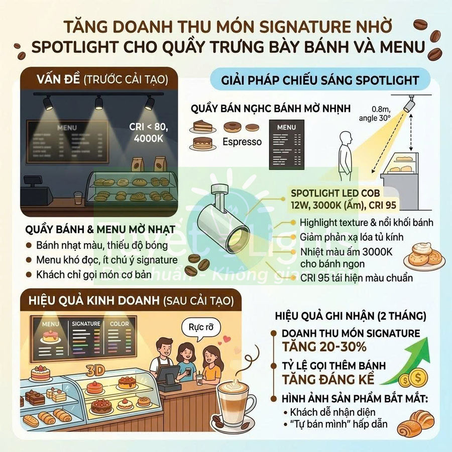 Infographic giải pháp spotlight LED cho quầy trưng bày bánh và menu giúp bánh nổi bật, tăng doanh thu quán cà phê